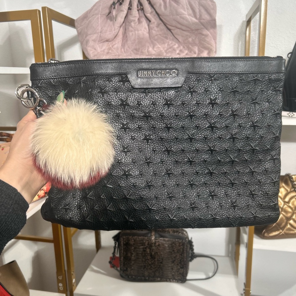 Jimmy Choo Black Textured Clutch with Fur Pom Pom